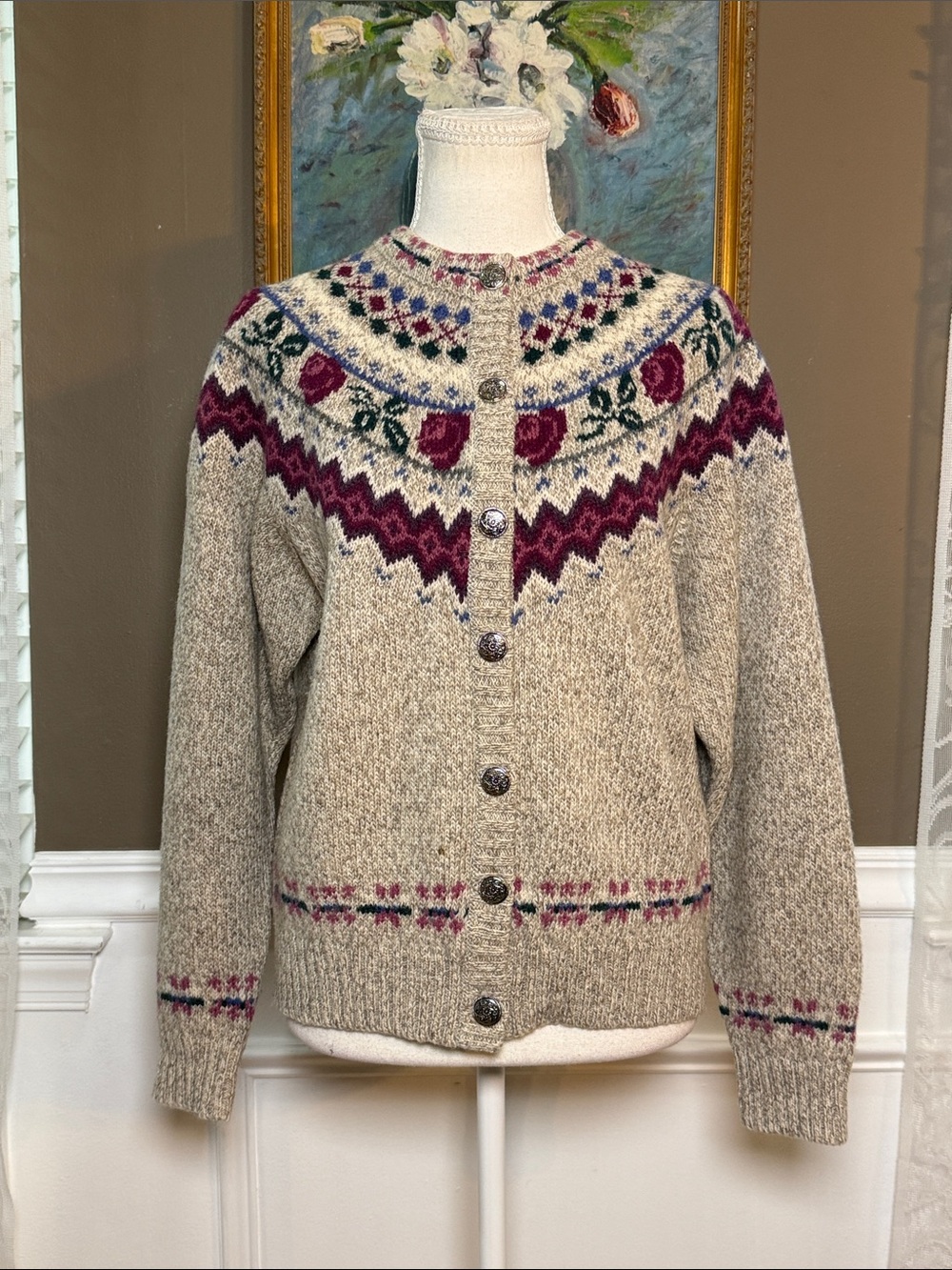 Vintage 1990s Eddie Bauer Fair Isle Nordic Floral Cardigan Sweater M